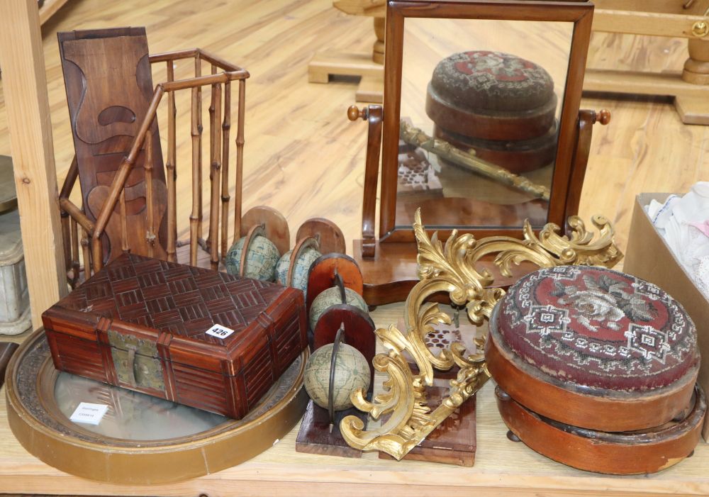 A mahogany toilet mirror, a gilt mirror, a beaded foot stool, a box, etc (11)